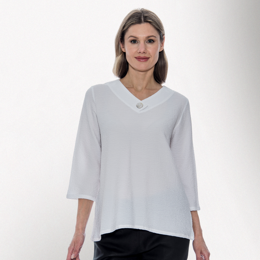 Toofan – White – One Button V Neck 3/4 Sleeves  Details Tunic Top – C22