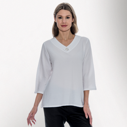 Toofan – White – One Button V Neck 3/4 Sleeves  Details Tunic Top – C22