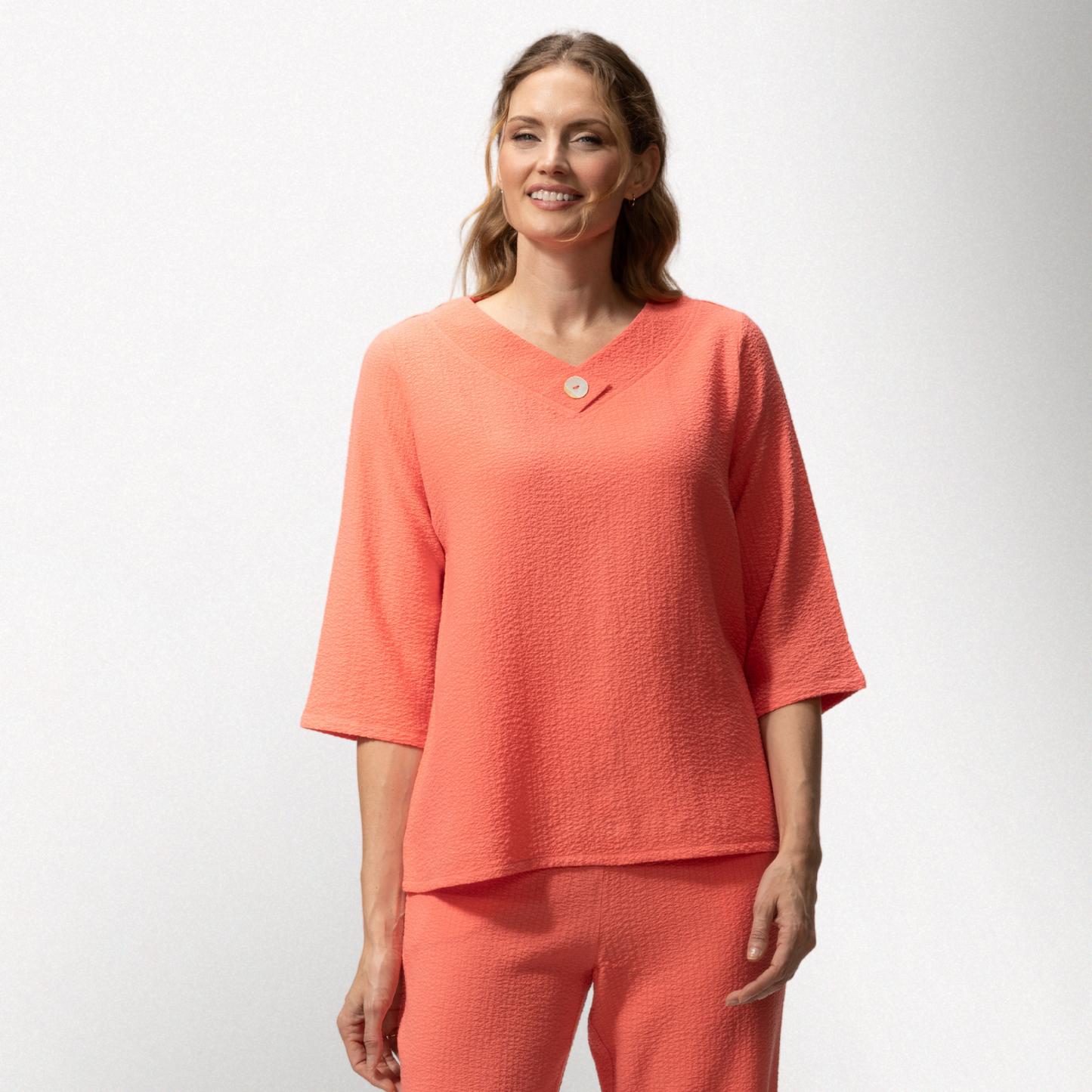 Toofan – Coral – One Button V Neck 3/4 Sleeves  Details Tunic Top – C22