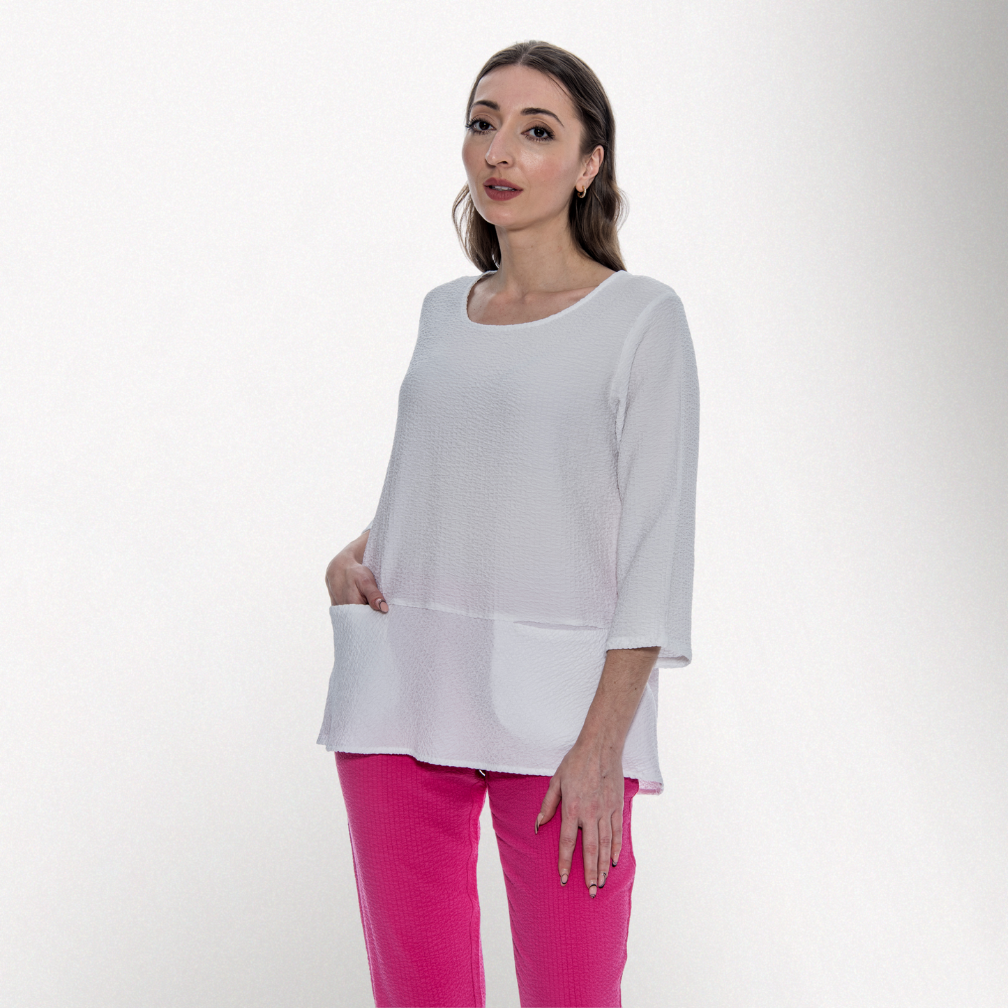 Toofan – White – Wire Collar 3/4 Sleeves Round Neck with Back Button Detail Tunic Top – C79