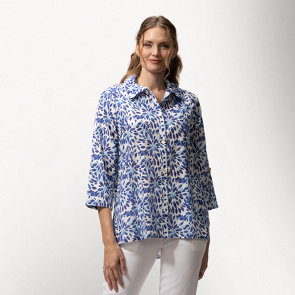 Toofan – Digital Print – Blue Floral Print wire collar 3/4 sleeves button down Cotton shirt – DP31-253