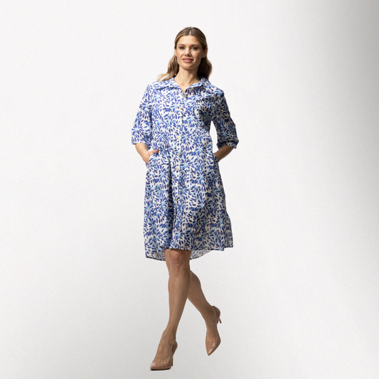 Toofan – Digital Print – Blue Floral Tiered Midi Shirt Cotton Dress – DP87-253