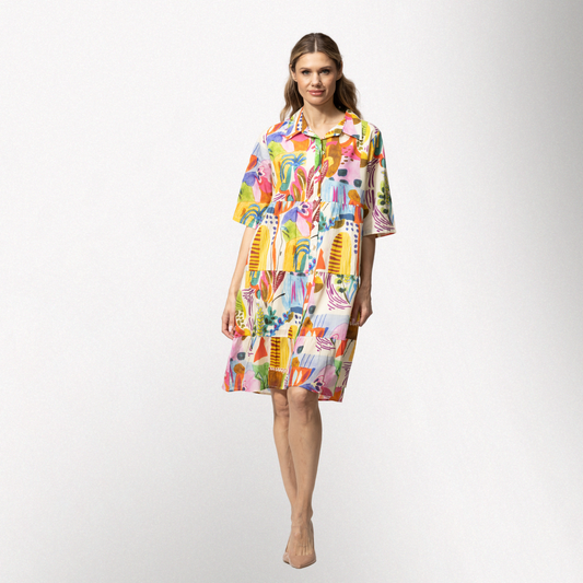 Toofan – Digital Print – Multi Color Printed Tiered Midi Shirt Cotton Dress – DP87-260