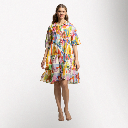 Toofan – Digital Print – Multi Color Printed Tiered Midi Shirt Cotton Dress – DP87-260