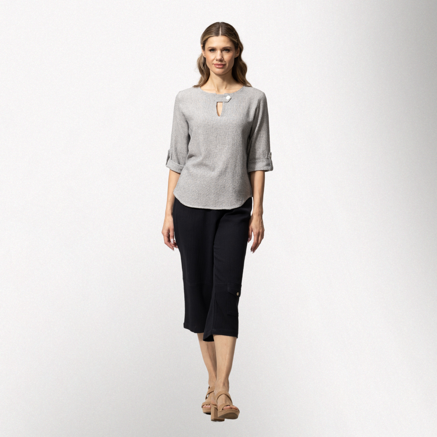 Toofan - Marble - Round Neck Tab Detail, Roll Up Sleeve Top - HS138