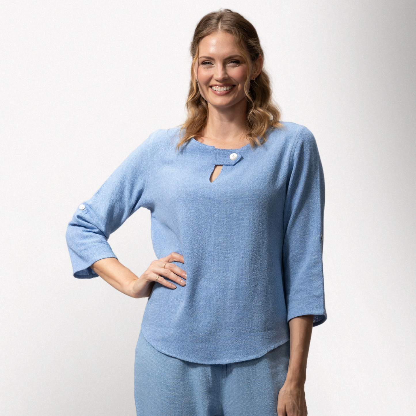 Toofan - Periwinkle - Round Neck Tab Detail, Roll Up Sleeve Top - HS138