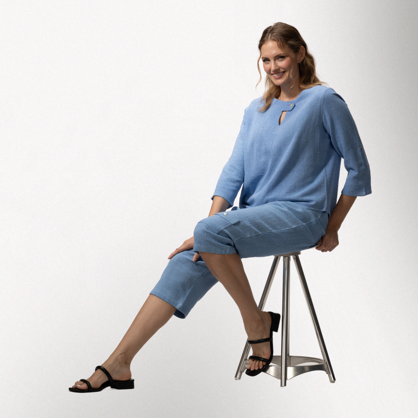 Toofan - Periwinkle - Round Neck Tab Detail, Roll Up Sleeve Top - HS138