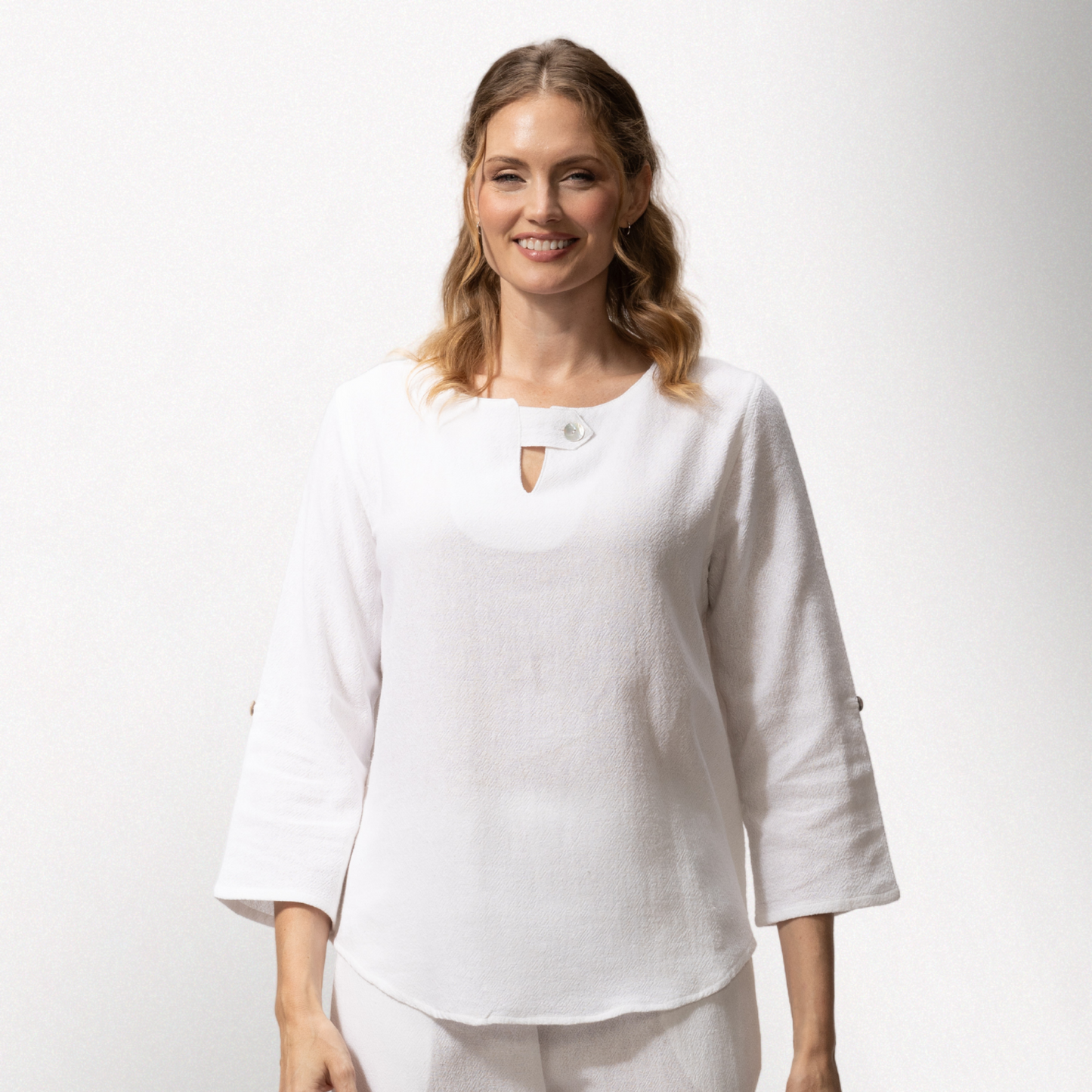 Toofan - White - Round Neck Tab Detail, Roll Up Sleeve Top - HS138