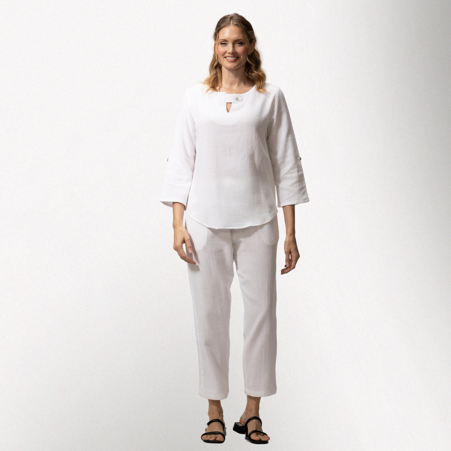 Toofan - White - Round Neck Tab Detail, Roll Up Sleeve Top - HS138