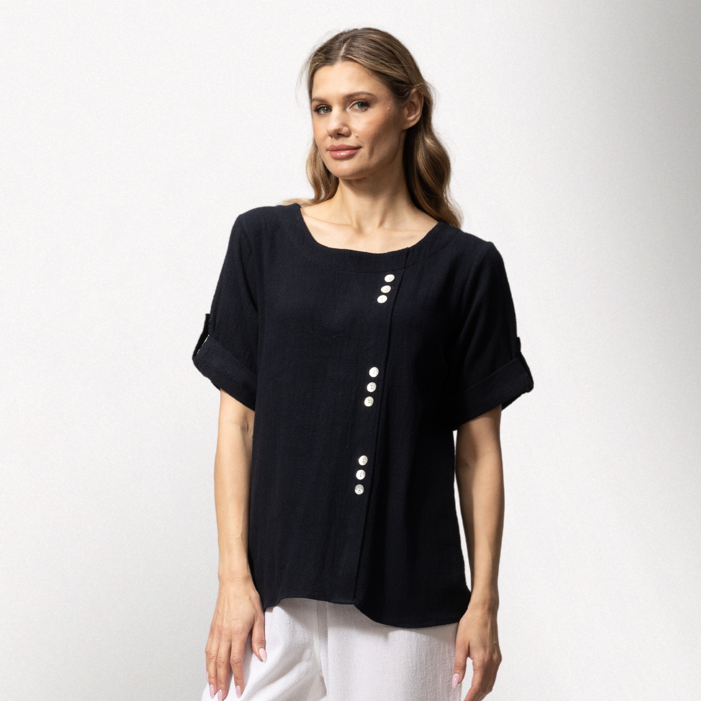 Toofan - Black - Round Neck Front Button Detail Short Sleeve Top - HS271