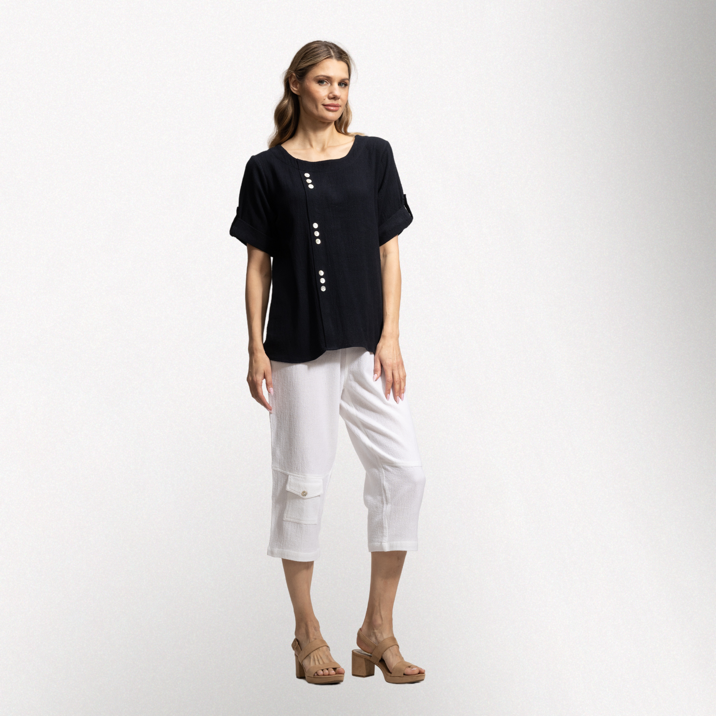 Toofan - Black - Round Neck Front Button Detail Short Sleeve Top - HS271