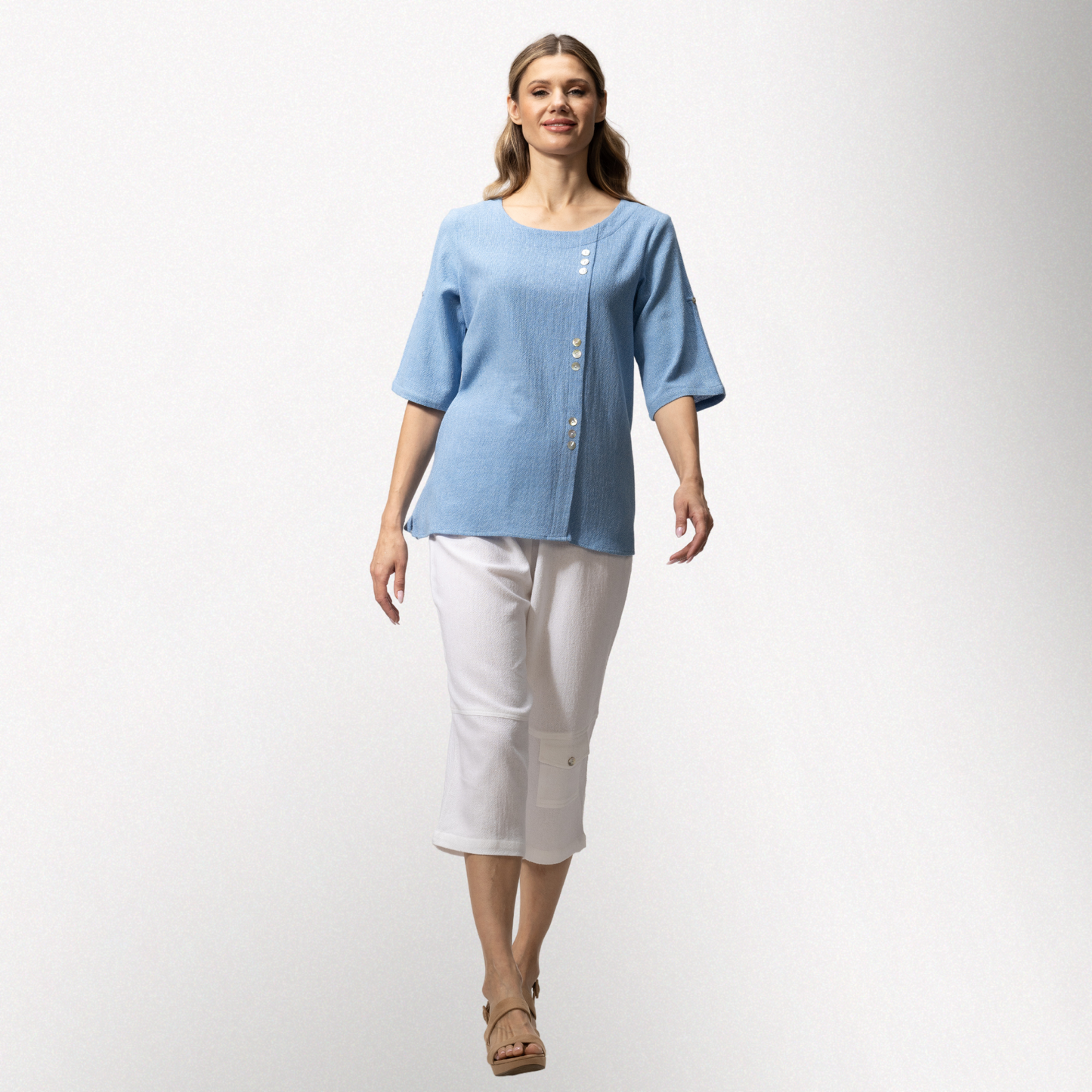 Toofan - Periwinkle- Round Neck Front Button Detail short sleeve Top - HS271