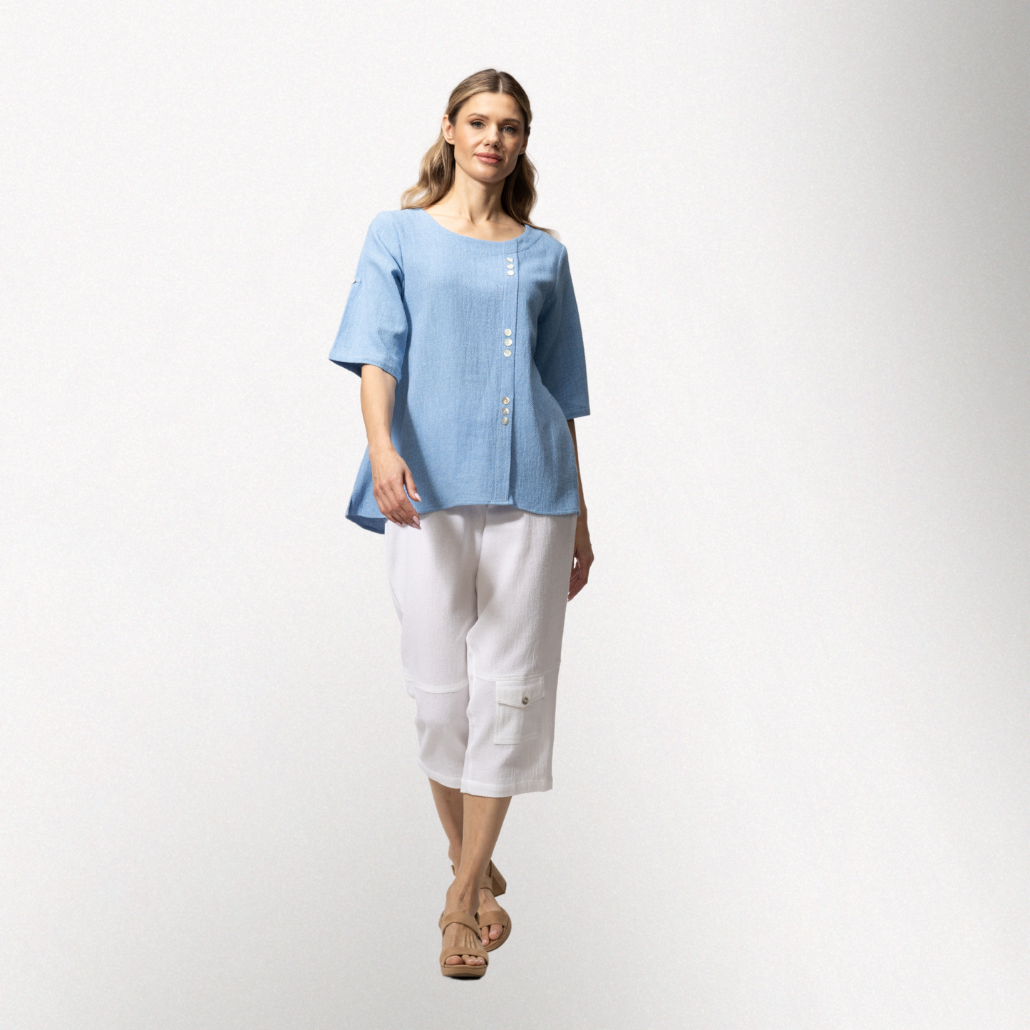 Toofan - Periwinkle- Round Neck Front Button Detail short sleeve Top - HS271