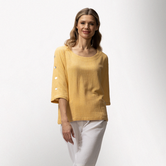 Toofan - Butter - Round Neck 3/4 Sleeves with sleeve button details Top - HS630