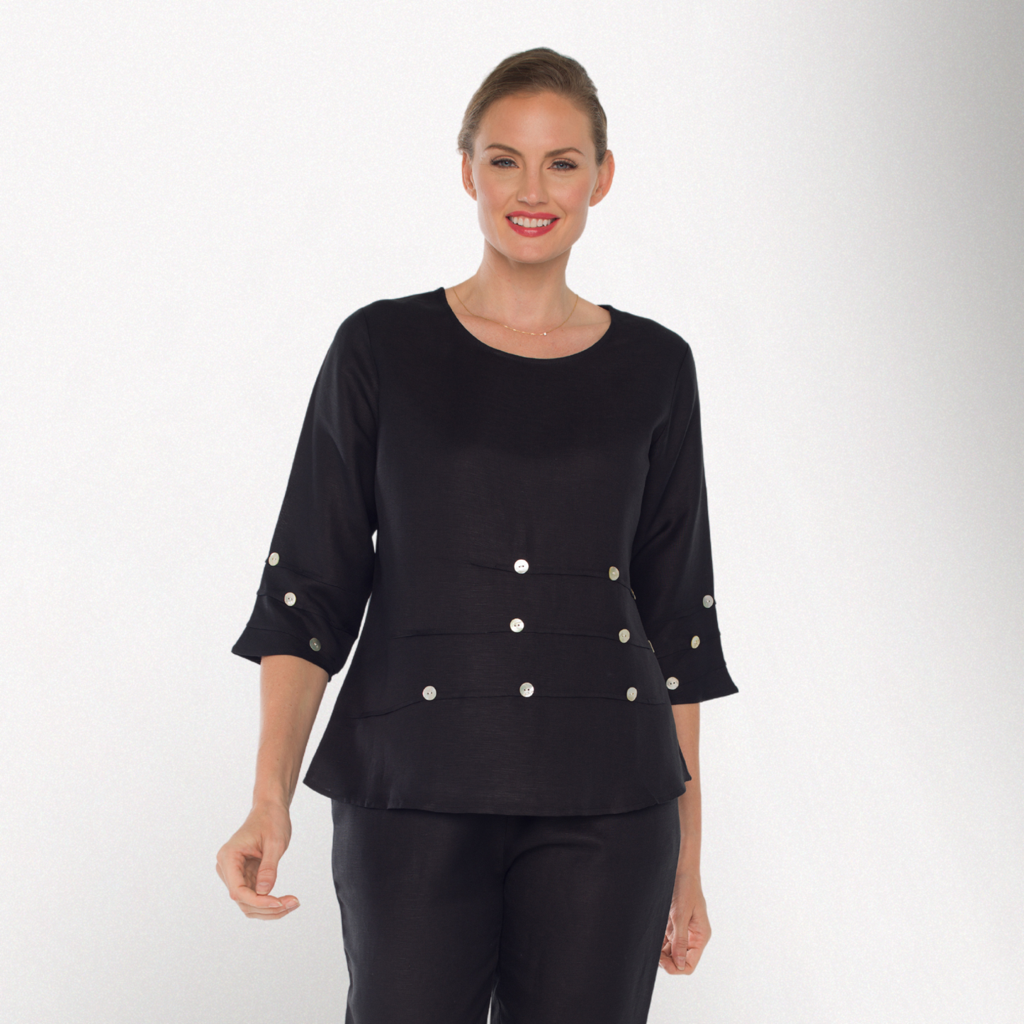 Toofan - Black - Round Neck 3/4 Sleeves button details Tunic Top - L113