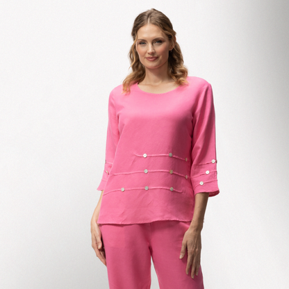 Toofan - Fuschia - Round Neck 3/4 Sleeves button details Tunic Top - L113