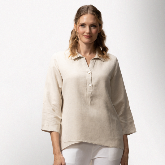 Toofan - Khaki - Collared Double Layer 3/4 Sleeve long Tunic Top - L175