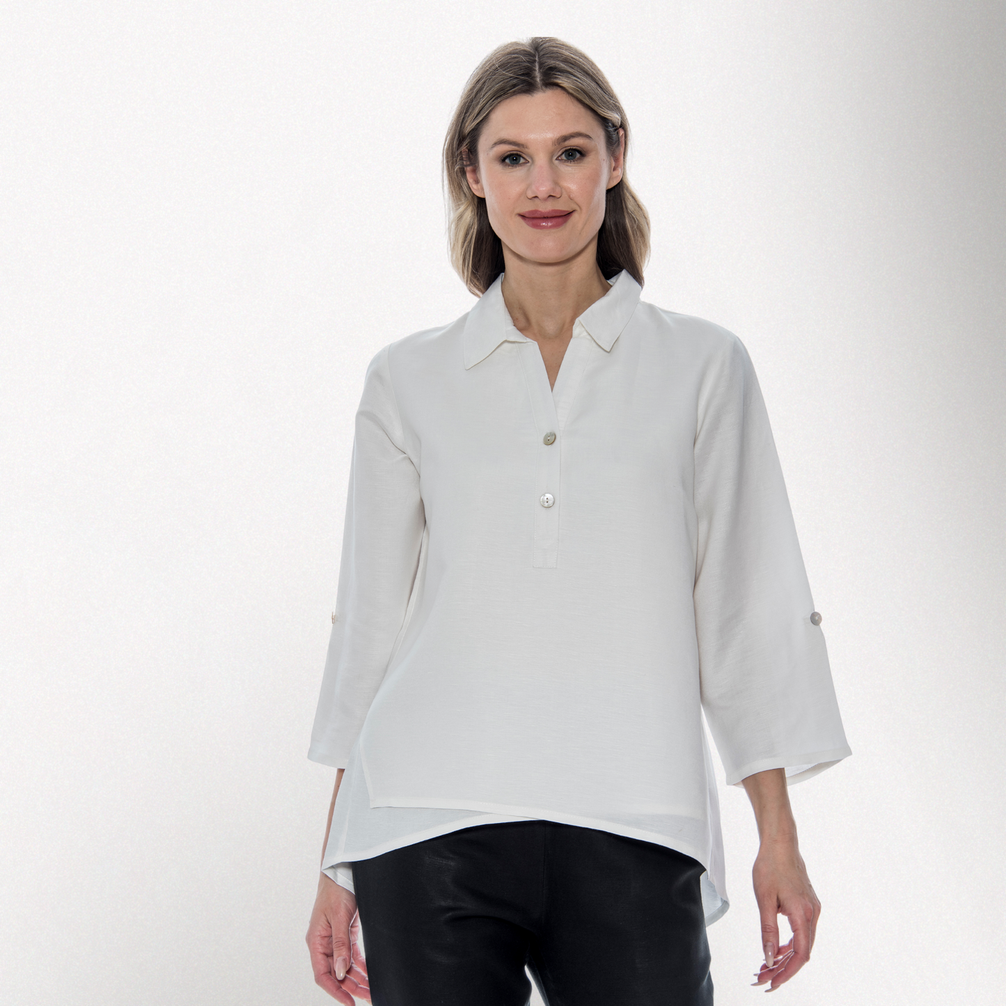 Toofan - White - Collared Double Layer 3/4 Sleeve long Tunic Top - L175