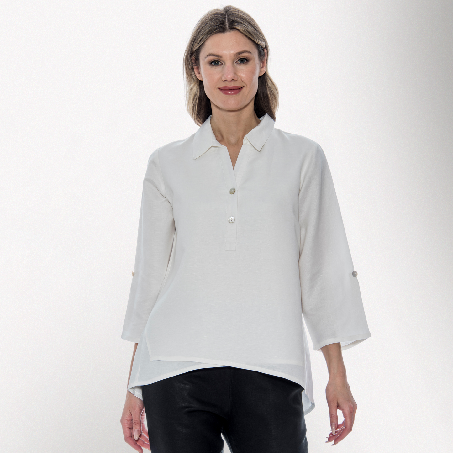 Toofan - White - Collared Double Layer 3/4 Sleeve long Tunic Top - L175