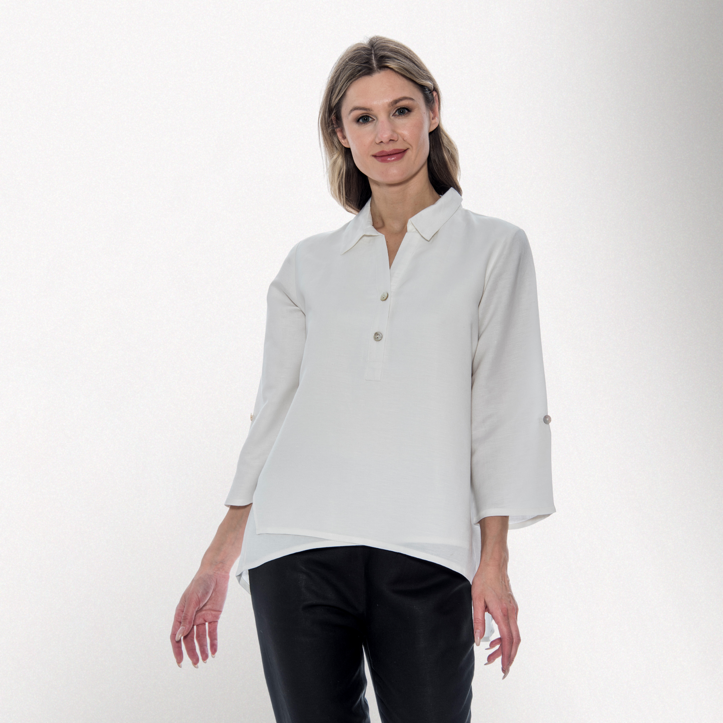 Toofan - White - Collared Double Layer 3/4 Sleeve long Tunic Top - L175