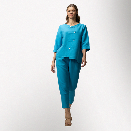 Toofan - Turquoise - Tab Detail Novelty Top round neck 3/4 sleeves - L190