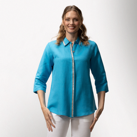 Toofan - Turquoise - Bling 3/4 Sleeves collar Tunic Top - LB259